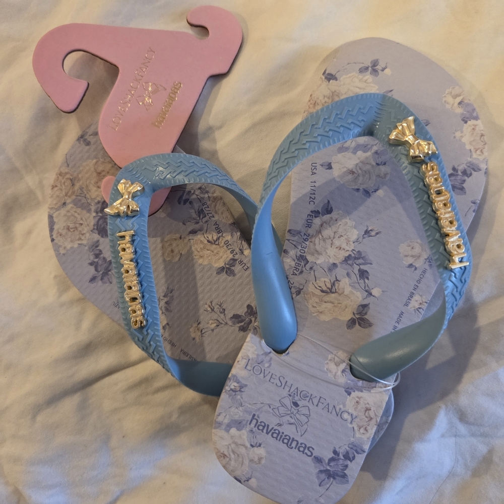 LoveShackFancy X Havaianas Girls Blue/Beige Floral Flip Flops Toddler 11M NIB